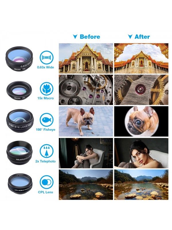 Apexel 10 in 1 HD Camera Lens (Fisheye Wide Angle macro Lens CPL Filter Kaleidoscope+2X telescope Lens)