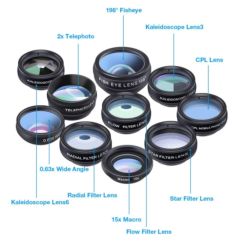 Apexel 10 in 1 HD Camera Lens (Fisheye Wide Angle macro Lens CPL Filter Kaleidoscope+2X telescope Lens)