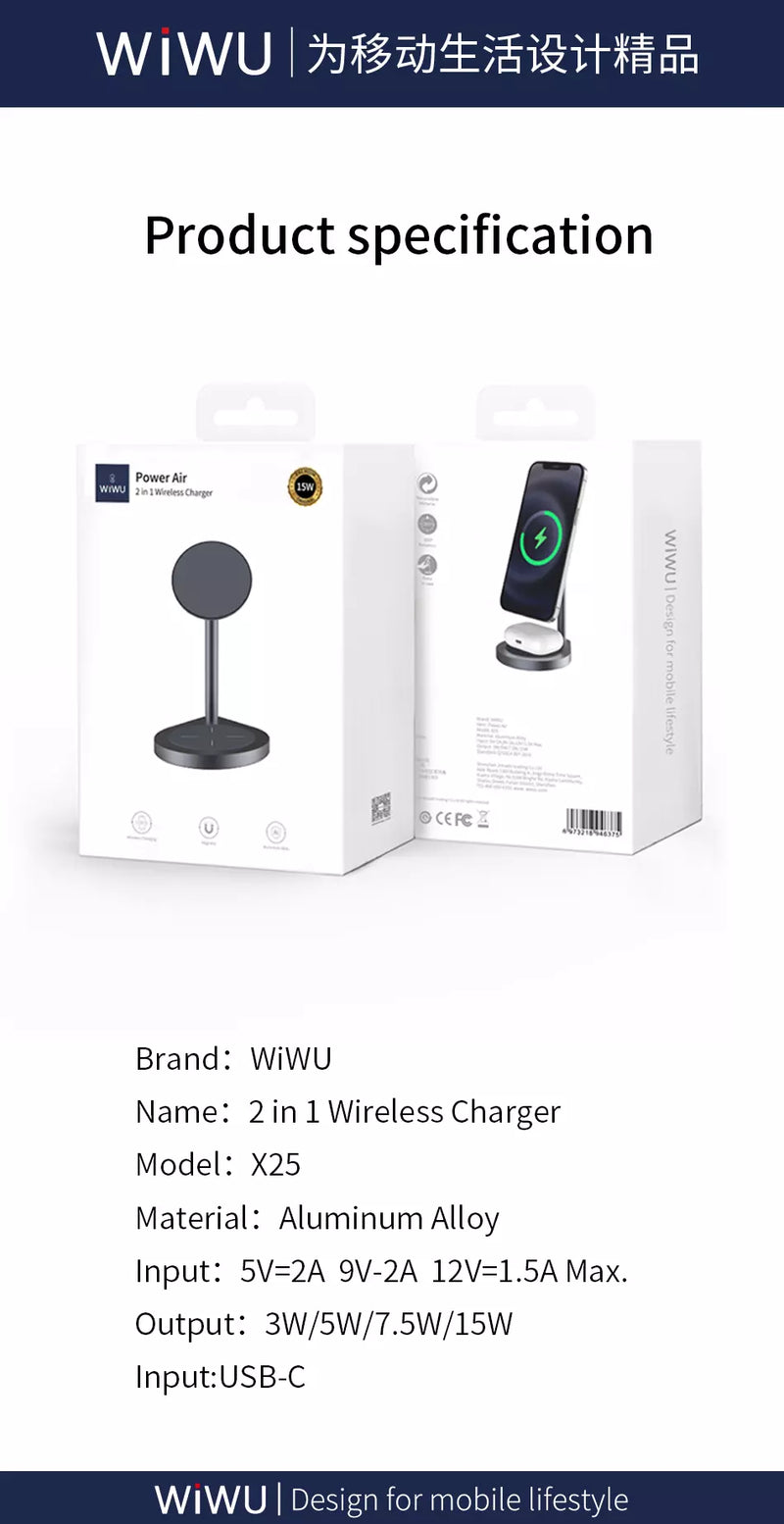 Wiwu Power Air 2 In 1 Wireless Charger - Black