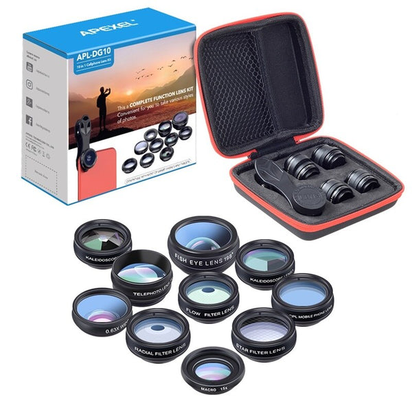 Apexel 10 in 1 HD Camera Lens (Fisheye Wide Angle macro Lens CPL Filter Kaleidoscope+2X telescope Lens)