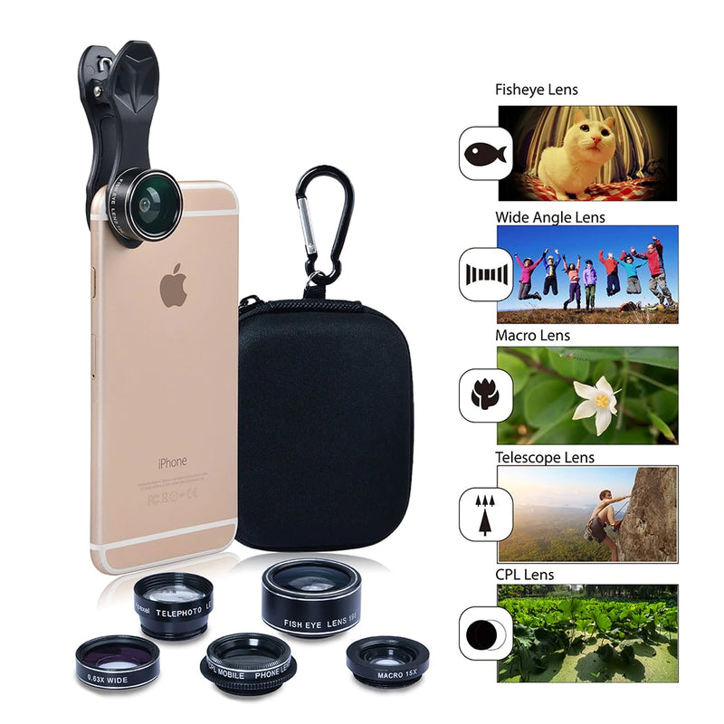 Apexel 5 in 1 HD Camera Lens (Kit Fisheye Lens+0.63x Wide Angle+15x Macro Lens+2X Telephoto)