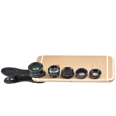 Apexel 5 in 1 HD Camera Lens (Kit Fisheye Lens+0.63x Wide Angle+15x Macro Lens+2X Telephoto)