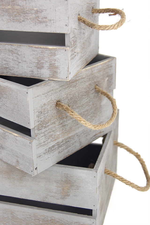 Set of 3 Rectangle Wooden Gift Boxes w Rope Handle