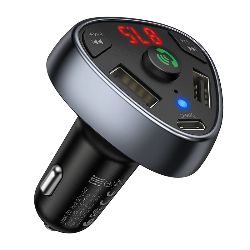 Hoco E51 Fast PD18W Car Charger with Bluetooth FM Transmitter - Black