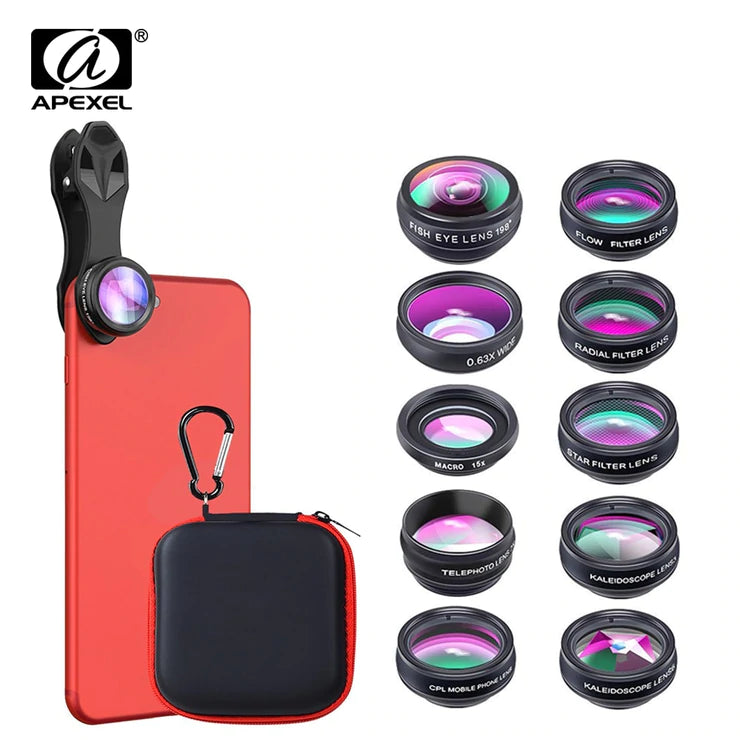 Apexel 10 in 1 HD Camera Lens (Fisheye Wide Angle macro Lens CPL Filter Kaleidoscope+2X telescope Lens)